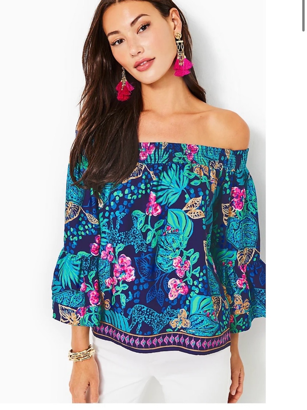Lilly Pulitzer Kaori Off The Shoulder Top Low Tide Navy Life of the Party XS NWT